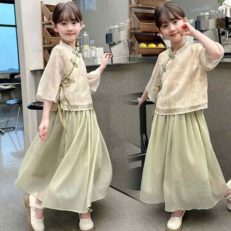 漢服 キッズ 夏 かわいい 女の子 子供用 レトロ 中国風 スカート スタンドカラー チャイナボタン シースルー タッセル 蝶々 五分袖 花柄 普段使い お出かけ カジュアル 緑 ピンク オレンジ