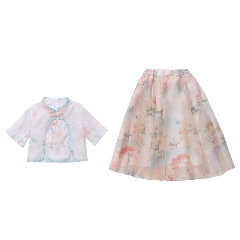 漢服 キッズ 夏 かわいい 女の子 子供用 スカート 上下セット チャイナ風 プリーツ ウエストゴム シースルー スタンドカラー フリル 柄 景色 半袖 リボン カジュアル 普段使い お出かけ オレンジ