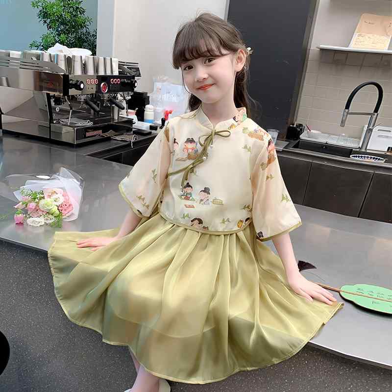 漢服 キッズ 夏 愛くるしげ お姉さん お子さん用 スコート 瀬戸もの風 照明ランプ色合い 紐 ビーズ 半袖 刷り上げる 挿し画 光輝 パステル色の カクテルドレスルー ゆったり 心地好い 普段使い走り お出かけ 黄味がかった ドレス-キッズ・ベビー・マタニティ