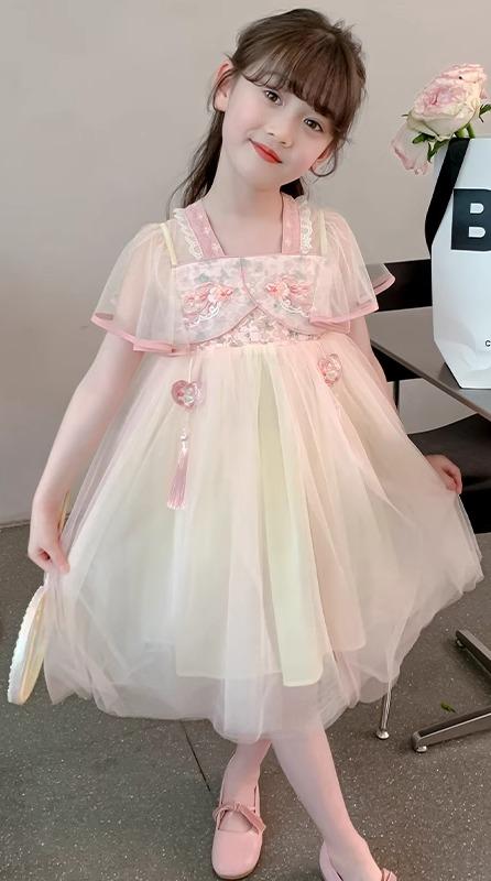 漢服 キッズ 夏 かわいい 女の子 子供用 チャイナ風 半袖 シースルー 薄手 刺繍 レース ハート タッセル 背中チャック フレアスカート ふんわり お出かけ 写真 撮影 ピンク｜フロントップ店