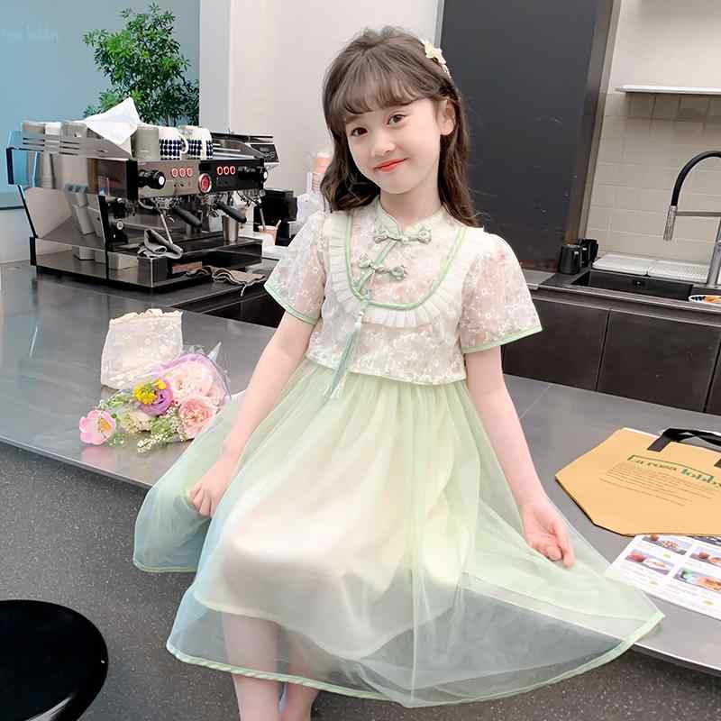 漢服 キッズ 夏 かわいい 女の子 子供用 スカート スタンドカラー チャイナボタン フリル 半袖 シースルー 柄 タッセル ビーズ 薄手 柔らかい 普段使い お出かけ 写真 撮影 緑｜フロントップ店 9,584円