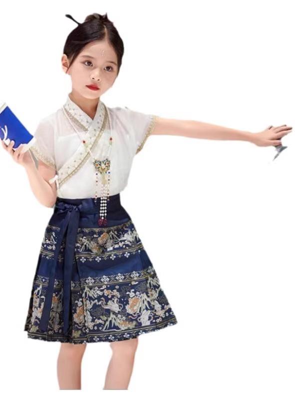 漢服 キッズ 夏 かわいい 女の子 子供用 トップス スカート プリーツ 上下セット 薄手 レトロ 半袖 チャイナ風 刺繍 柄 ウサギ 豪華 カジュアル 普段使い お出かけ 青 白 9,540円