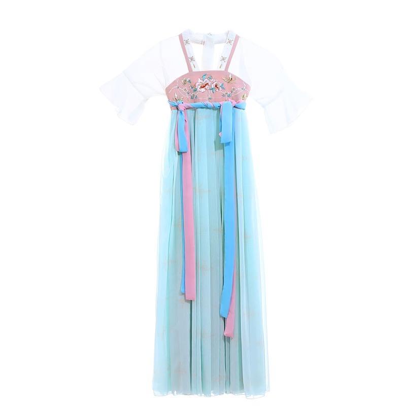 漢服 キッズ 夏 かわいい 女の子 子供用 衣装 半袖 チャイナ風 レトロ スカート 刺繍 花 プリーツ 紐 シースルー お出かけ 記念日 写真 撮影 コスプレ 柔らかい 緑 10,034円
