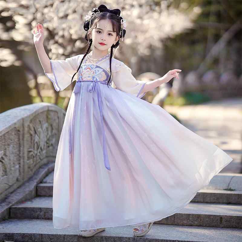 漢服 キッズ 夏 かわいい 女の子 子供用 チャイナ風 刺繍 背中チャック シースルー 紐 プリント 花柄 半袖 長袖 お出かけ 衣装 写真 撮影 記念日 紫 赤 緑
