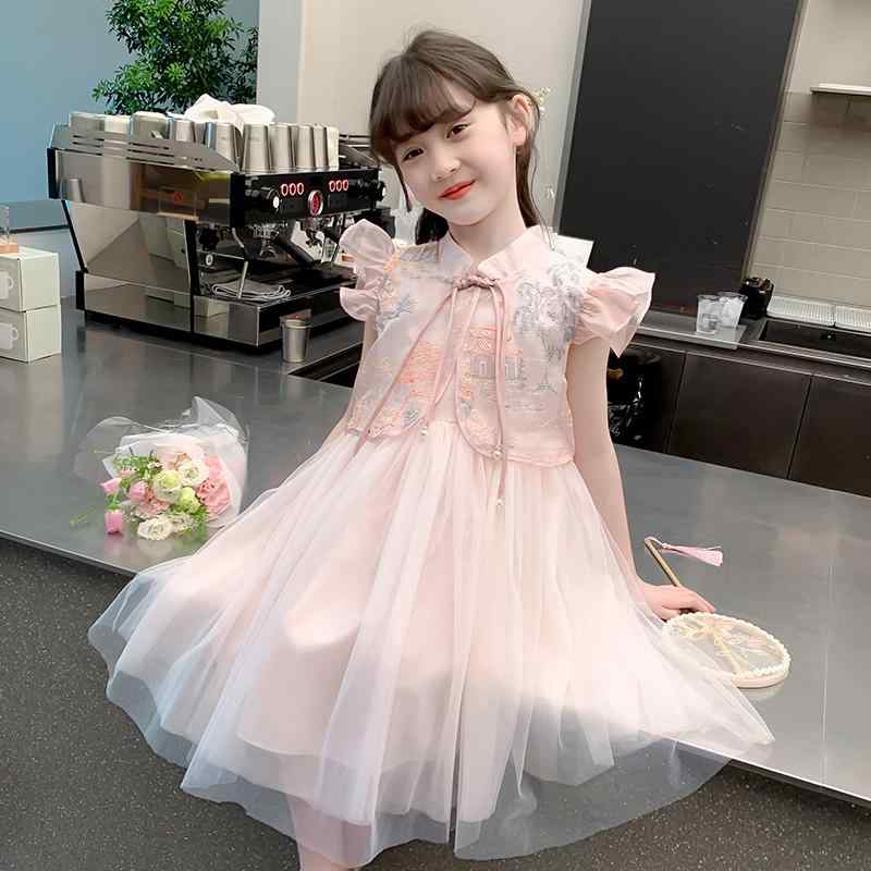 漢服 キッズ 夏 かわいい 女の子 子供用 中国風 スタンドカラー フリル 紐 シースルー ギャザー スカート パール ビーズ 刺繍 景色 お出かけ 記念日 写真 撮影 衣装 ピンク