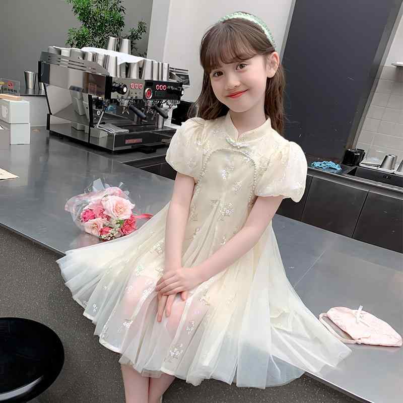 漢服 キッズ 夏 かわいい 女の子 子供用 チャイナ風 パフスリーブ プリント 花柄 スタンドカラー パール ビーズ シースルー メッシュ ふんわり お出かけ 写真 撮影 衣装 発表会 アイボリー