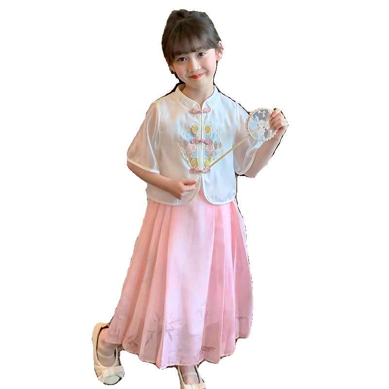 漢服 キッズ 夏 かわいい 女の子 子供用 スタンドカラー 中国風 チャイナボタン 半袖 ゆったり スカート プリーツ セットアップ 刺繍 花 プリント 竹 シースルー ふんわり お出かけ 写真 撮影 衣装 ピンク 緑