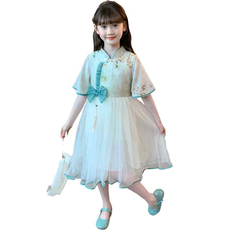漢服 キッズ 夏 かわいい 女の子 子供用 スタンドカラー 中国風 チャイナボタン フリル タッセル 装飾 リボン ギャザー シースルー ふんわり プリント 花 お出かけ 発表会 写真 撮影 衣装 緑 9,989円
