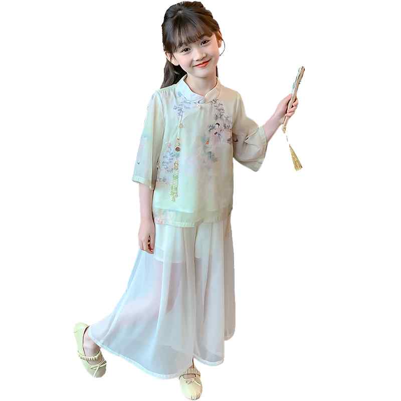 漢服 キッズ 夏 かわいい 女の子 子供用 中国風 スタンドカラー トップス ボトムス 上下セット ボタン パール ビーズ 装飾 プリント 景色 刺繍 タッセル ゆったり シースルー カジュアル 普段使い お出かけ ピンク