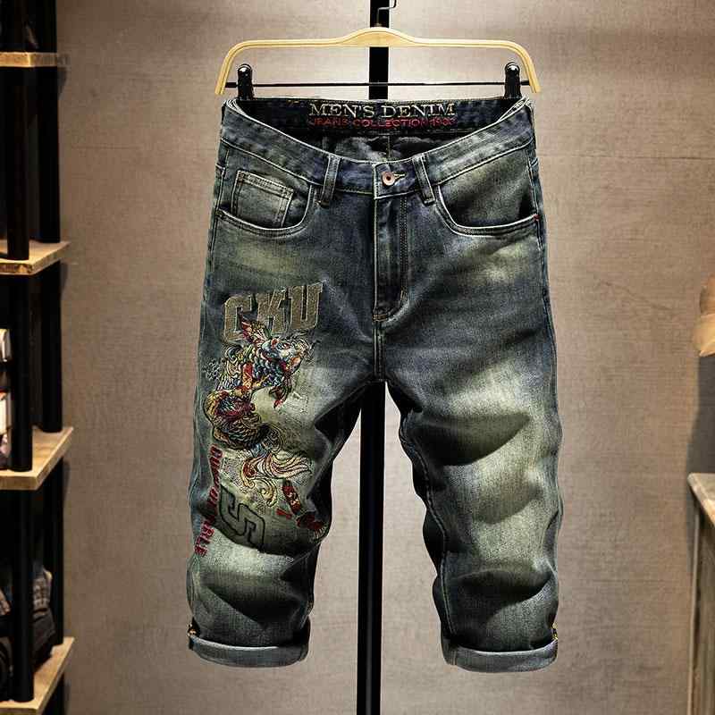デニム メンズ ハーフパンツ 七分丈 ストレートシルエット ストリートスタイル ストレッチ 薄手 錦鯉 刺繍 カジュアル ウォッシュ加工 ひげ加工 夏物 ヴィンテージ風 ブルー 綿混 耐摩耗
