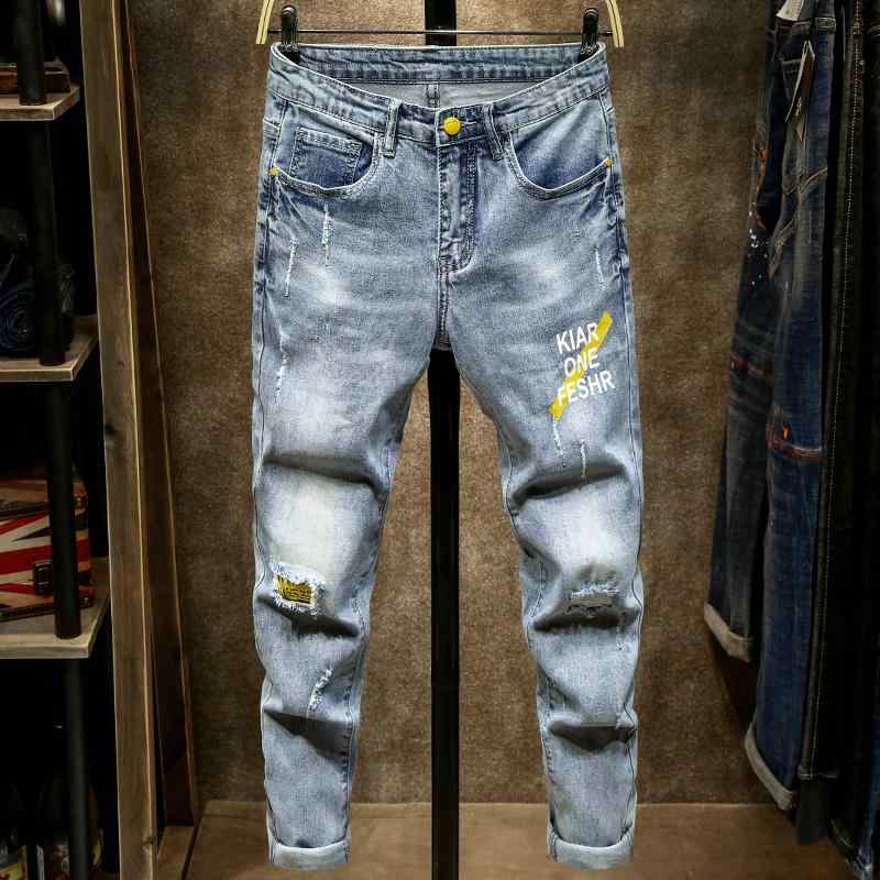 デニムパンツ メンズ 春夏 ライトブルー ダメージ加工 リペア パッチワーク スキニー 九分丈 クロップド丈 韓国風