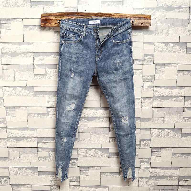 デニムパンツ メンズ 九分丈 アンクル丈 スキニー スリム テーパード ダメージ加工 パッチワーク 不規則裾 レトロブルー ヴィンテージ風 コットン ストレッチ 中低ウエスト カジュアル 普段使い