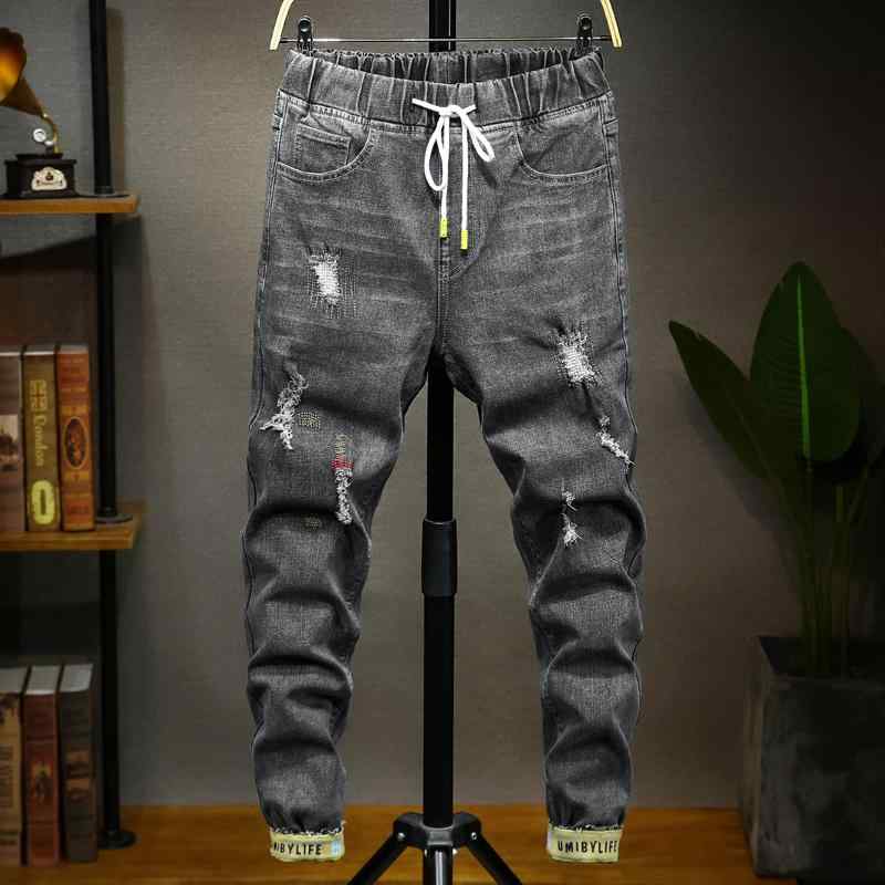 デニムパンツ メンズ 男性用 大きいサイズ プラスサイズ ゆったり ミドルウエスト ハロンパンツ ストレッチ ダメージ加工 着痩せ効果 テーパード ウォッシュ加工 ロングパンツ ブラック 秋｜フロントップ店