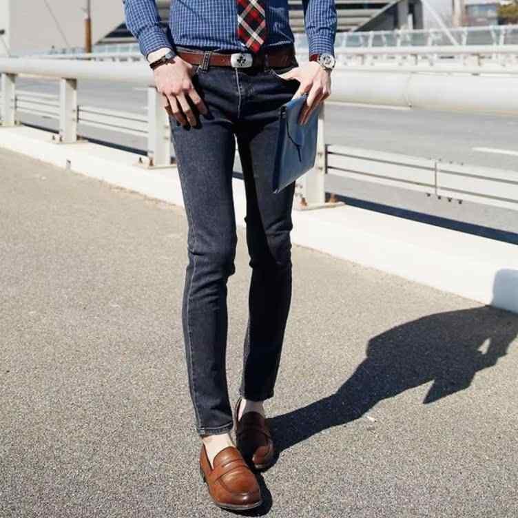 デニムパンツ メンズ 韓国 ブリティッシュ レトロ ヴィンテージ スキニー スリムフィット ストレッチ ダークグレー ジーンズ ボトムス カジュアル ストリート｜フロントップ店
