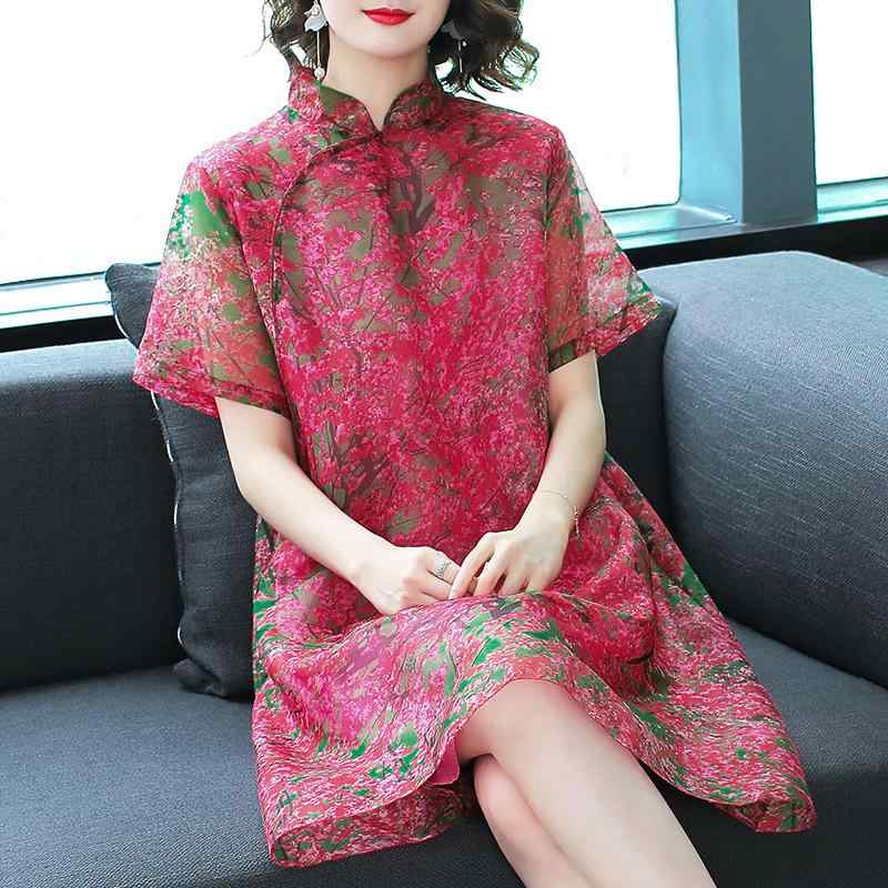 ワンピース レディース  オーガンジー  チャイナドレス 中国風 スタンドカラー 半袖 Aライン ロング 花柄 切り替え ゆったりウエスト 春夏