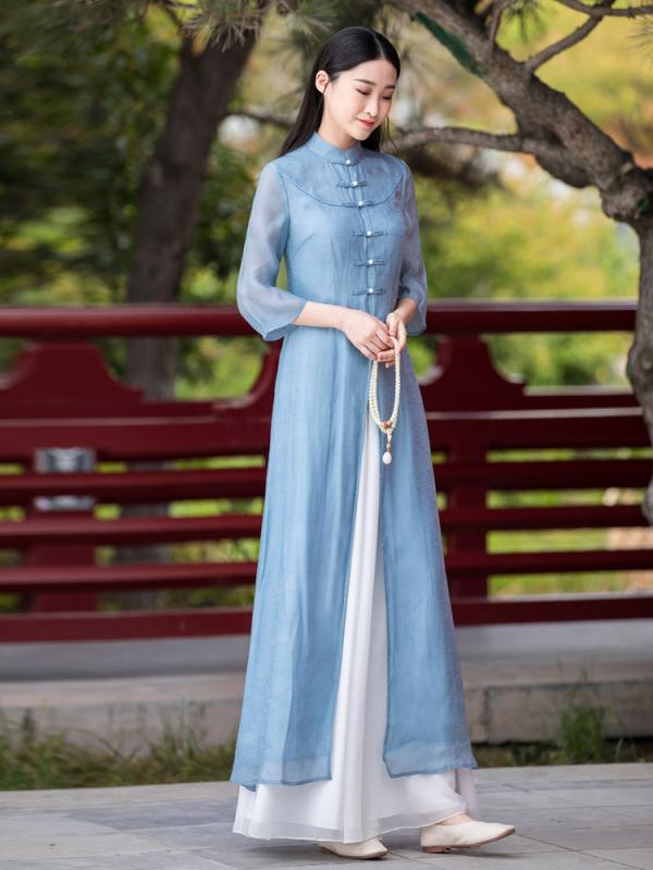 セットアップ レディース レトロ 瀬戸もの御召しもの風 トップス  唐装 中国風 漢服 茶道服 春夏 ポリエステル ゆったり 窈窕たる お出かけ 普段使い走り 青味 さくら色
