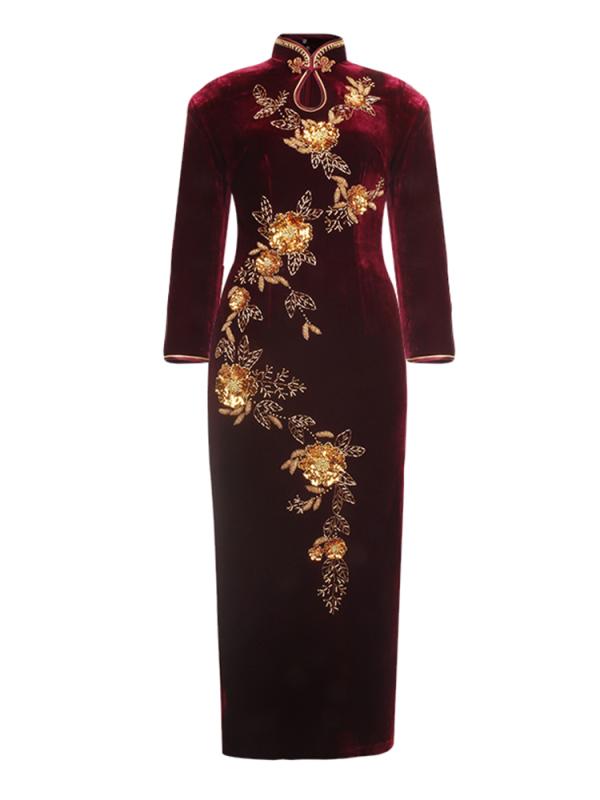 瀬戸ものお召しもの レディース 御芽出度 お母さん 交歓会 フォーマル お召しもの 中華風 雅びやか 雅びやか  秋冬 長袖 天鵝絨 ロング丈 ビーズかざり付ける 花柄 ぶどう酒赤いこと ポリエステル