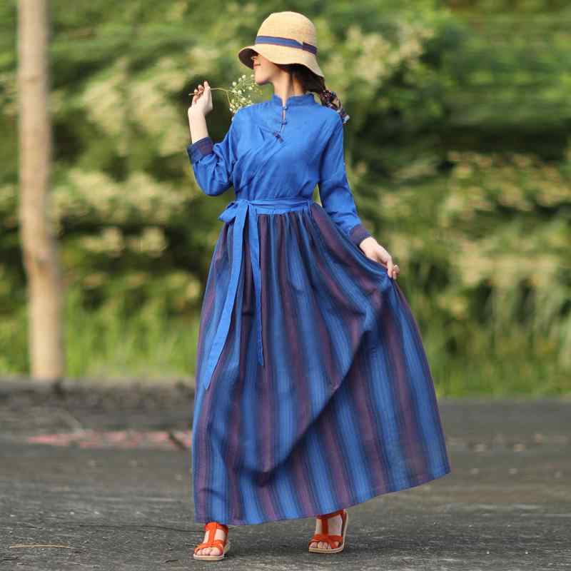 ロングワンピース レディース チャイナ風 レトロ エレガント リネン 綿麻ブレンド ストライプ 切り替え スタンドカラー 長袖 スリムフィット Aライン 秋冬 ブルー 22,187円