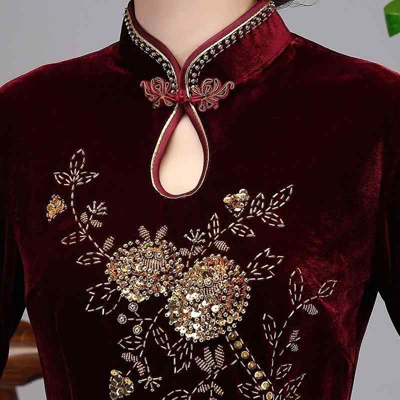 チャイナドレス ミセス 女性用 ロング丈 ベロア ベルベット 結婚式 母親 フォーマルドレス 披露宴 お呼ばれ Aライン エレガント 上品 暖かい 秋冬