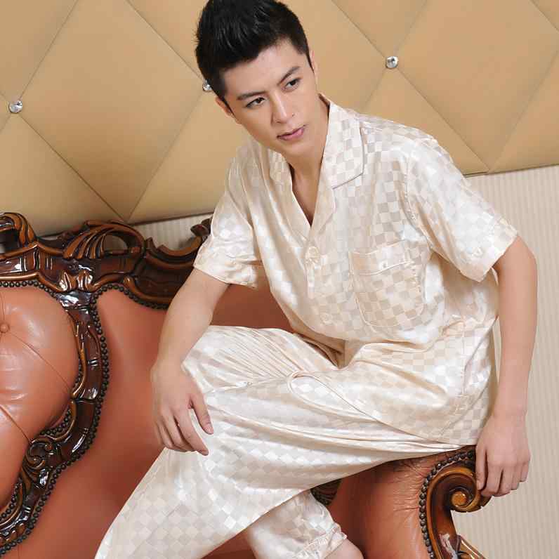 パジャマ メンズ 男性用 半袖 長ズボン 上下 2点セット 接触冷感 薄手 サテン 韓国風 開襟 前開き 無地 カジュアル 部屋着 普段使い リラックス 春夏 大きいサイズ