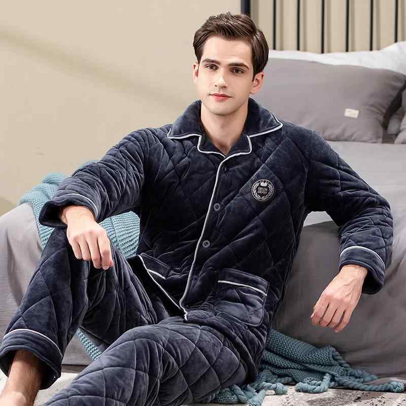 パジャマ メンズ 男性用 秋冬 三層 裏起毛 厚手 サンゴフリース フランネル 中綿 ルームウェア 襟 前開き 暖かい 暖かい 部屋着
