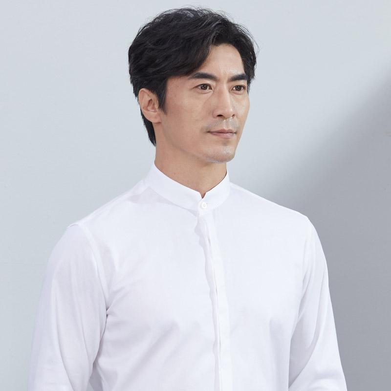 シャツ メンズ 男性用 長袖 スタンドカラー 中国風 エスニック カジュアル スタイリッシュ 綿混 伸縮性 ノーアイロン スリムフィット ビジネス 通勤 オフィス 普段使い 無地｜フロントップ店