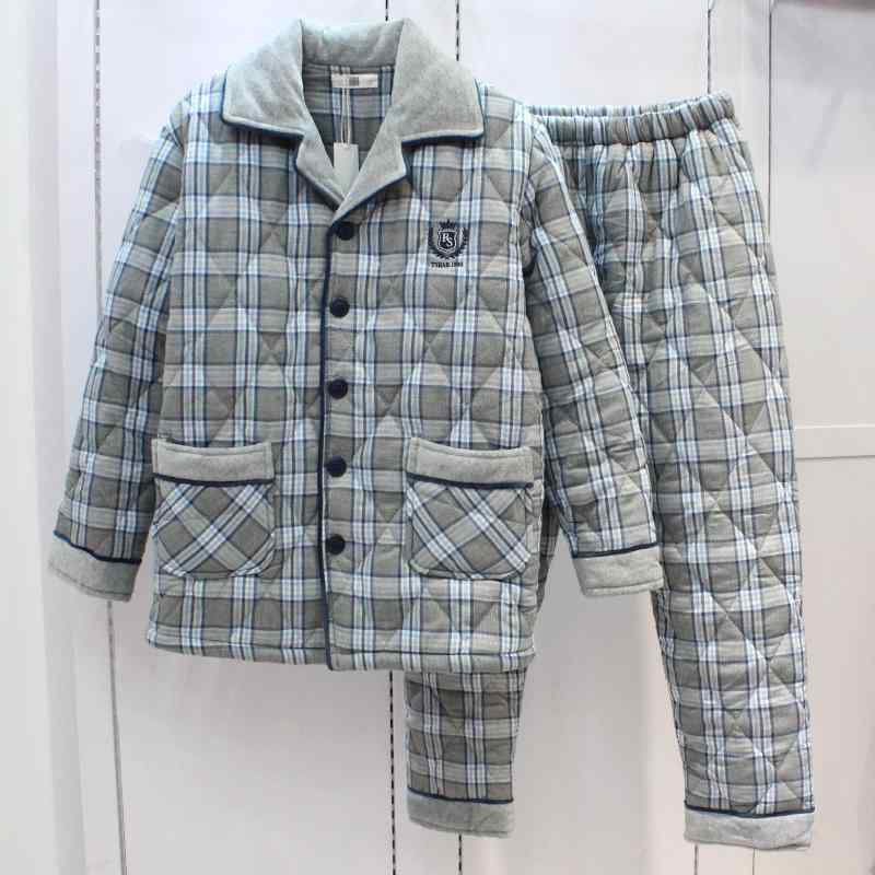 パジャマ メンズ 綿 三層構造 キルティング 中綿 サンゴフリース 厚手 裏起毛 チェック柄 秋冬 長袖 襟 シンプル ルームウェア 部屋着 普段使い 上下セット 大きいサイズ リラックスウェア｜フロントップ店