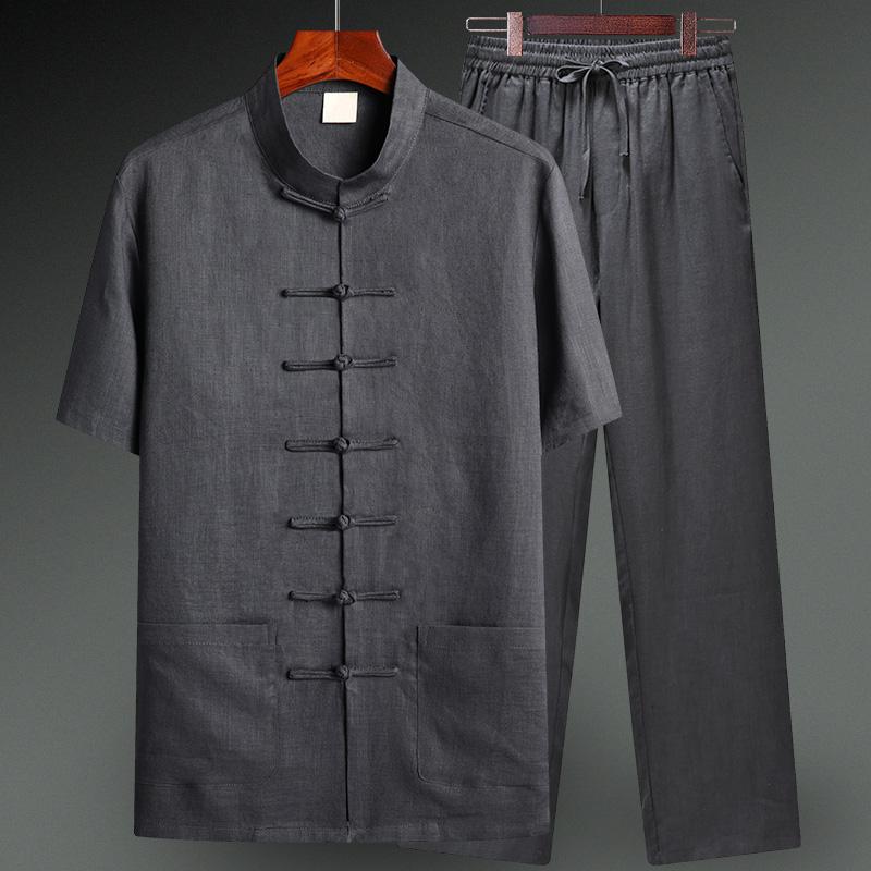 セットアップ メンズ シニア 中華風 半袖 麻 リネンブレンド シャツ 春夏 普段使い カジュアル ノーアイロン 高齢者 祖父 父親 グレー ブラック|フロントップ店