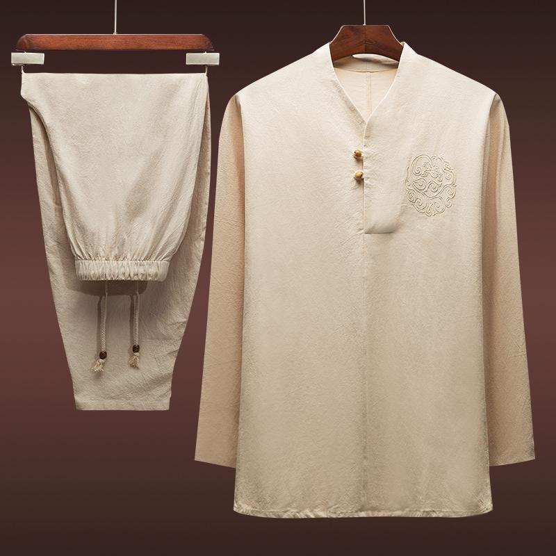 チャイナ服 メンズ ミドルエイジ 父 祖父 春夏 上下セット 長袖Tシャツ 綿 コットン レトロ 禅テイスト カジュアル リラックスウェア