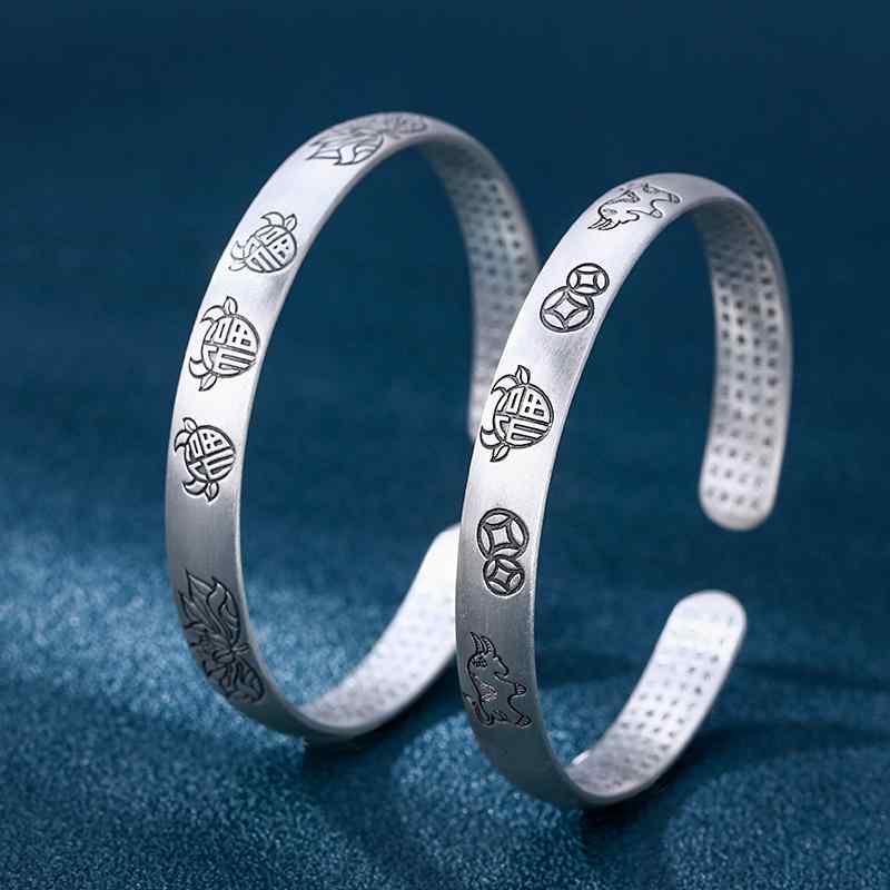 腕輪 レディース S999 銀製 牛主題 防御すること仏 心経 蓮の花 福文字記号 レトロ エスニック 民族調 バングル 手当て 開運 普段使い