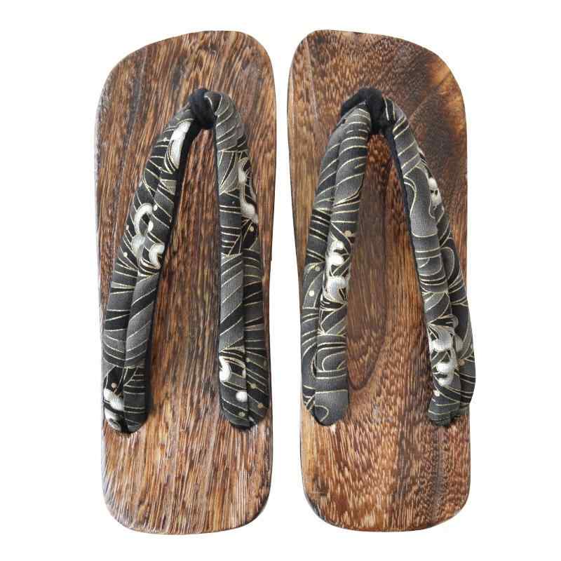 下駄 メンズ フラットヒール 木製 ラバーソール 鼻緒サンダル 箔押し 波柄 コットン 民族風 夏 普段使い レジャー 軽量 快適 カジュアル ブラック ダークブルー画像