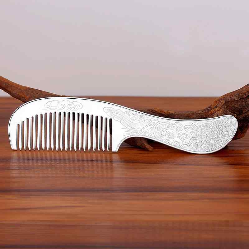 ヘアコーム 銀製 ハンドメイド ロングハンドル 雪花銀 高度 かっさ 頭皮マッサージ 上品 伝統工芸 牡丹 龍鳳 彫刻