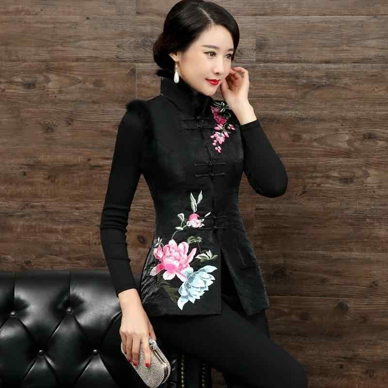 ベスト レディース 女性用 民族風 エスニック レトロ ヴィンテージ チャイナドレス風 中国服 トップス 刺・墸 スリム スリム 中綿 ジレ 秋冬 ポリエステル ボルドー 黒 ローズピンク｜フロントップ店
