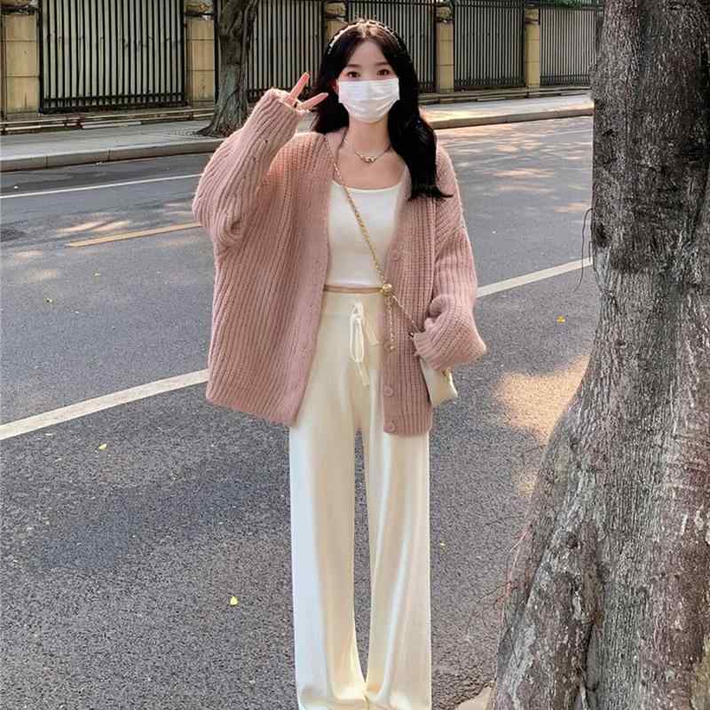 カーディガン レディース 女性用 ニット セーター ミドル丈 ゆったり Vネック 長袖 ピンク ナチュラル 上品 オフィス カジュアル 韓国風 春秋 アウター 羽織り