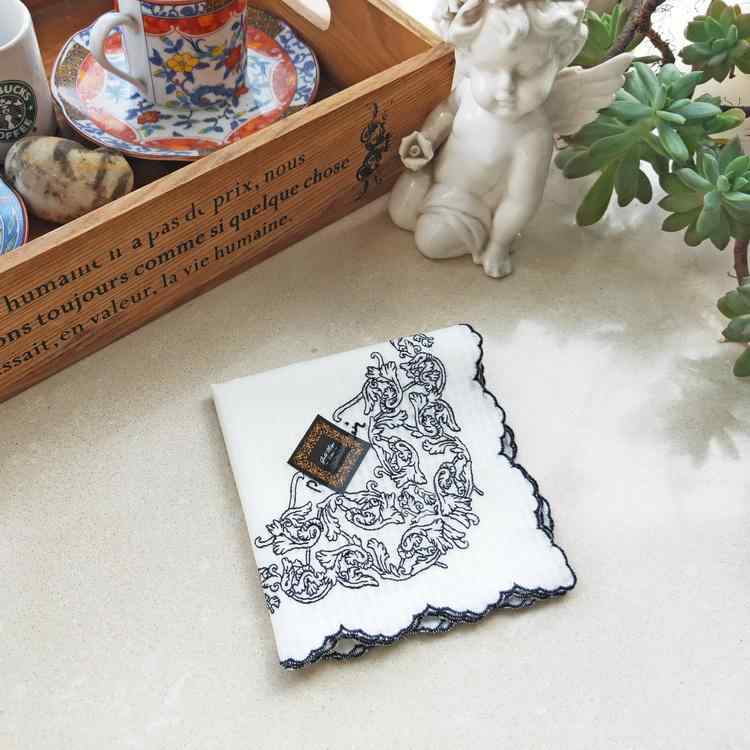 ハンカチ レディース コットン サテン レース プリンセス 刺繍 花柄 スカラップヘム 上品 エレガント フォーマル カジュアル 日常使い 女性用