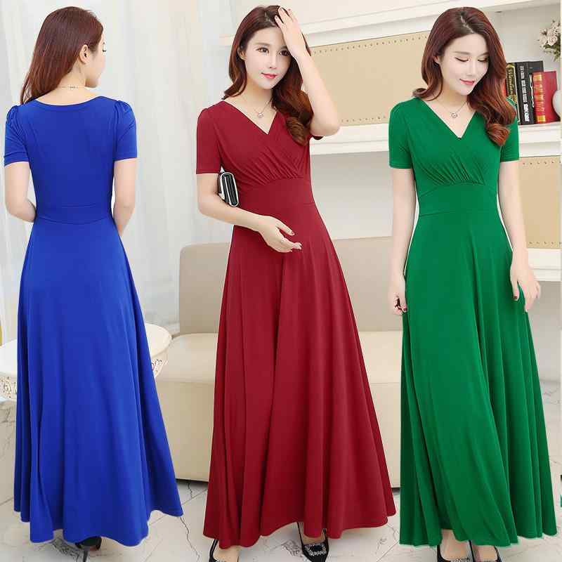ワンピース レディース 半袖 Vネック ハイウエスト Aライン スリム 着痩せ ロング 春夏 通勤 オフィス お出かけ おしゃれ ブラック ワインレッド