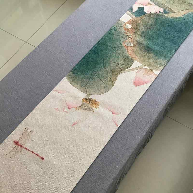 時刻表伝令 新中国風 蓮の花 水墨画風 綿麻 綿織物リネン ロング丈 禅風 アジアンテイスト 茶台 茶席 室内装飾