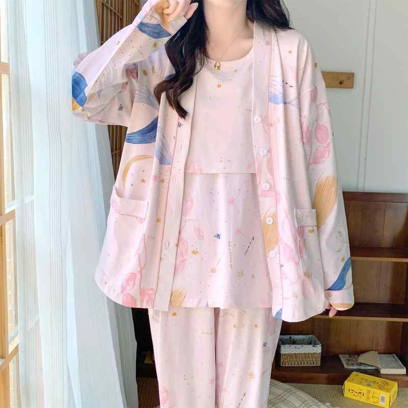パジャマ レディース ルームウェア マタニティ 授乳服 産後 妊婦服 入院 出産準備 綿 コットン 薄手 軽量 通気性 吸湿性 長袖 ロング丈 プルオーバー 前開き 3点セット 春夏