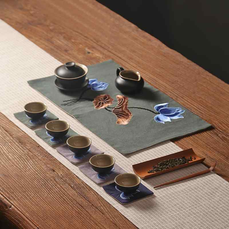 茶席 刺・墸 綿麻 布製 和風 禅意 断熱敷物 テーブルランナー 茶道 お茶 茶布 茶室用 レトロ 手作り コットンリネン 敷物