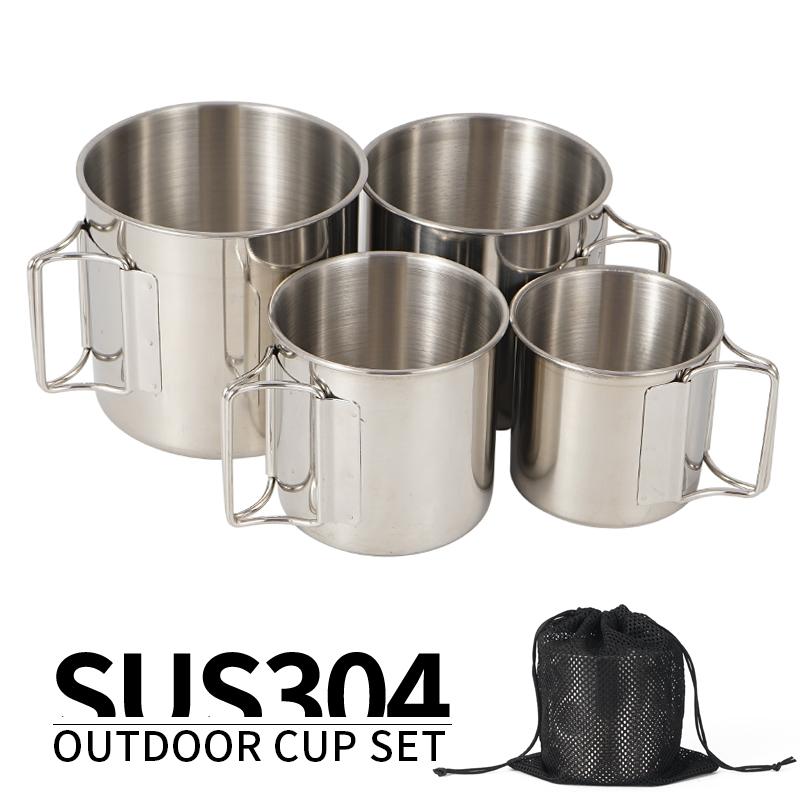 アウトドア食器 304ステンレス製 折りたたみ コンパクト 軽量 ポータブル カップ ボウル 4点セット 登山 キャンプ バーベキュー 旅行 収納