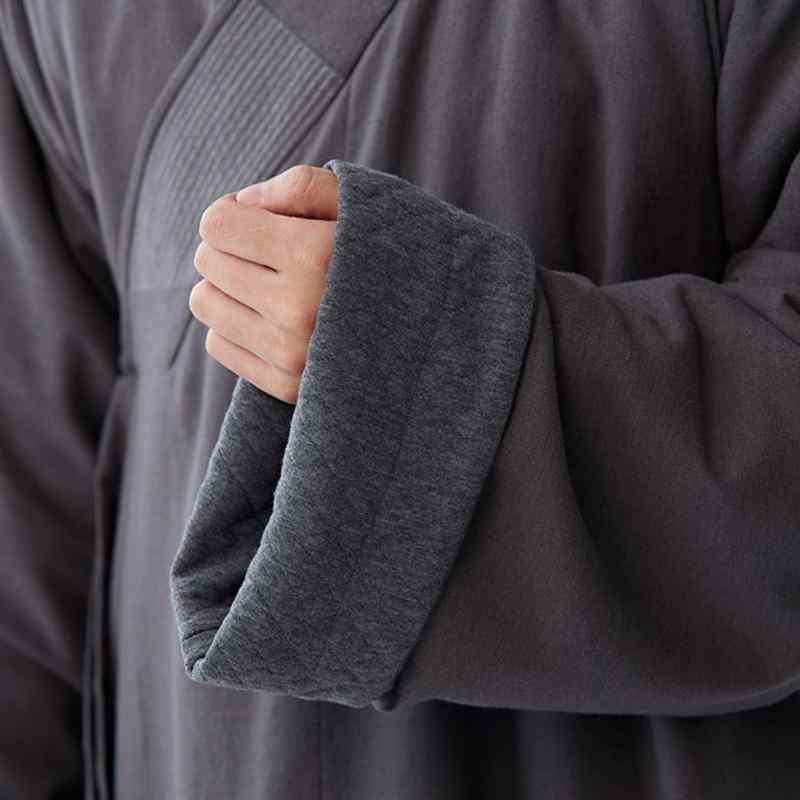 僧侶服 男女兼用 冬物 防寒 中綿 コットン裏地 綿麻混紡 ゆったり ロング丈 禅袍 ダークグレー 大きいサイズ 法衣 リラックスウェア