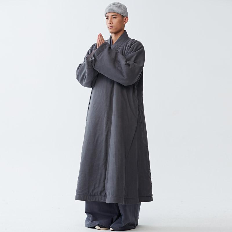チャイナ服 ロングガウン 綿麻 コットンリネン 秋冬 防寒 ワイド ゆったり 厚手 肉厚 二重 中綿 カジュアル リラックス 部屋着 グレー|フロントップ店