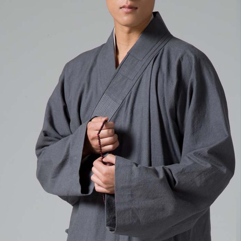 僧侶服 男性用 禅修服 作務衣 法衣 修行着 普段着 部屋着 リラックスウェア 長着 斜め襟 綿麻 通気性 灰 無地 ゆったり 大きいサイズ ウォッシュド 春夏|フロントップ店