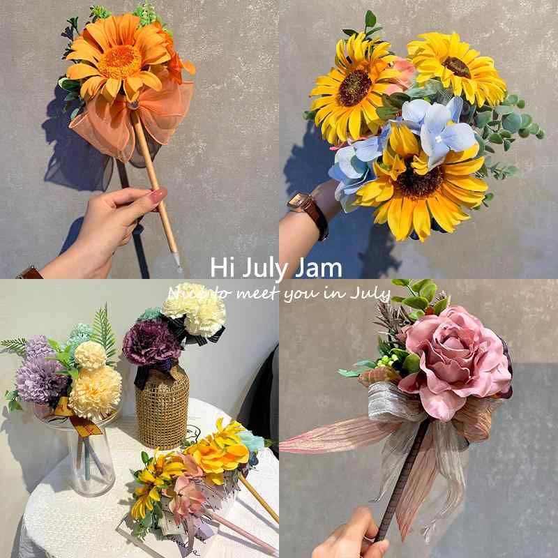 ボールペン 女性用 薔薇 アートフラワーブーケ 手作り ハンドメイド おしゃれ かわいい 先生 贈り物 ギフト プラスチック軸 油性 黒インク 05mm芯 ピンク イエロー ブルーカラー