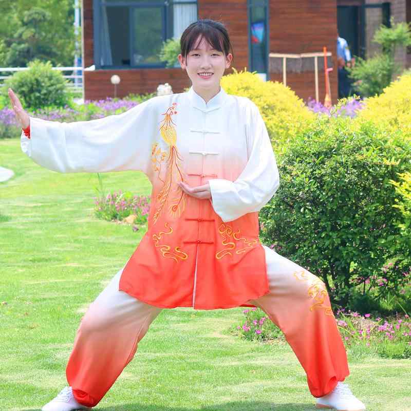 太極拳服 男女兼用 夏 刺繍 武術 練習着 演武服 発表会 大会 衣装 セットアップ 青花磁器柄 龍柄 鳳凰柄 グラデーション