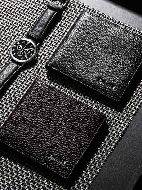 財布 メンズ 革 牛革 レザー スキミング防止 二つ折り ショートウォレット 横型 極薄 スリム ビジネス 札入れ カードポケット フォトポケット シンプル シボ加工 男性用 ウォレット画像