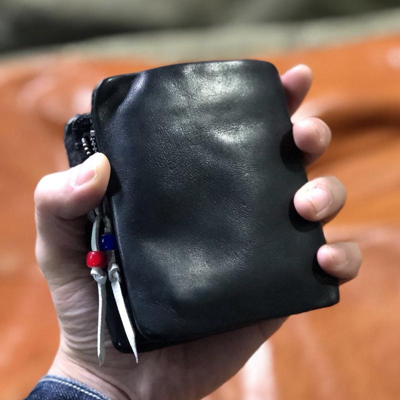 財布 メンズ 二つ折り 縦型 牛革 ソフトレザー ヴィンテージ プリーツ加工 ハンドメイド シンプル ファスナー カード入れ 札入れ 小銭入れ ブラック カジュアル ビジネス｜フロントップ店