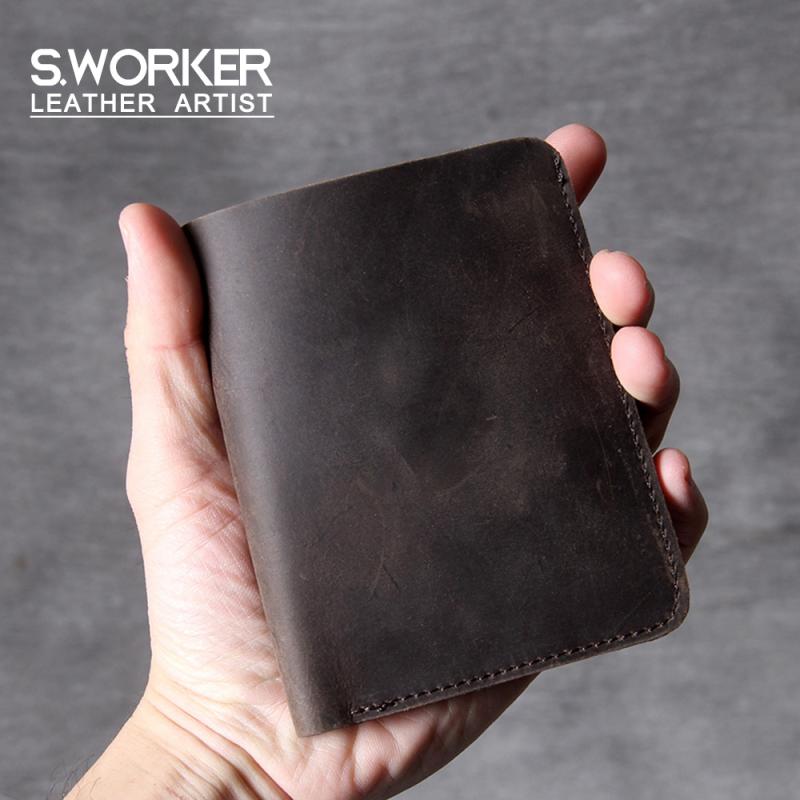 二つ折り財布 メンズ 男性用 ハンドメイド 革 牛革 クホースレザー シンプル クラシック レトロ ヴィンテージ コンパクト カード入れ 札入れ ダークブラウン
