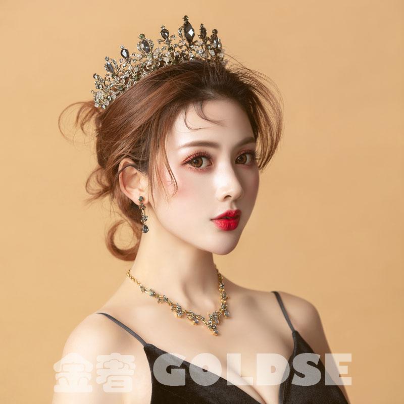 ティアラ レディース レトロ 風 花嫁 ブライダル ヘッドドレス ネックレス 3点セット 黒 結婚式 大人式 誕生日 フォーマル アクセサリー