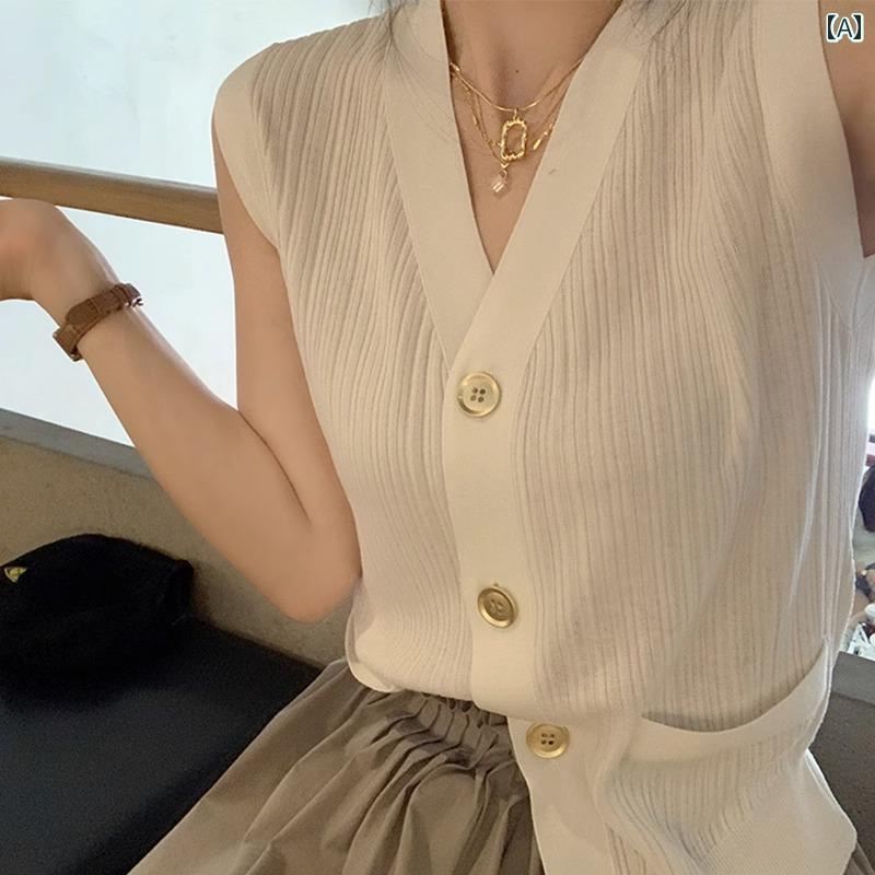ベスト レディース おしゃれ 前開き 白 夏 薄手 ノースリーブ 風 涼しい 快適 ニット カーディガン 上品 ボタン|フロントップ店